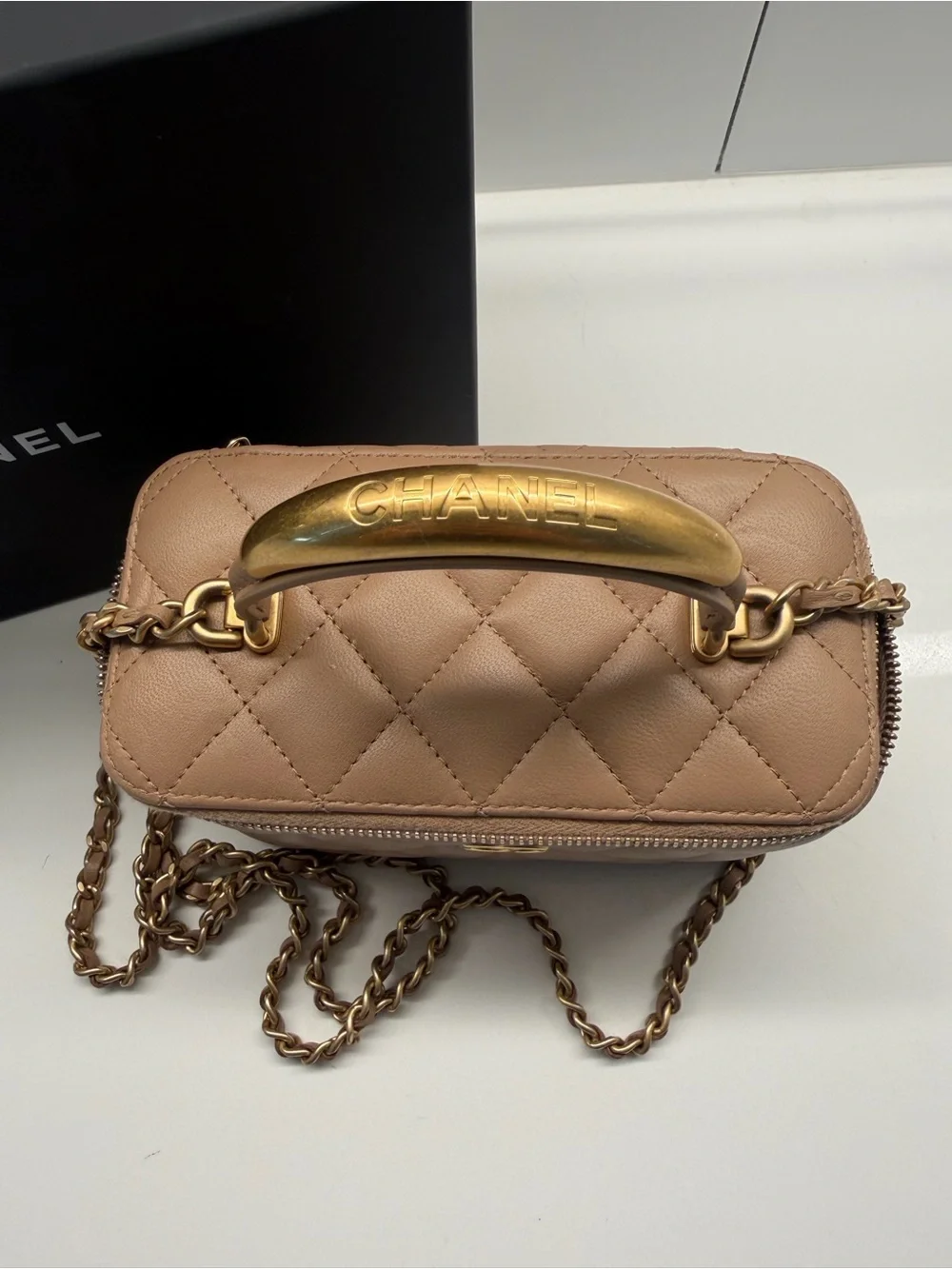 CHANEL Quilted Taupe Leather Vanity Crossbody with Gold Chain